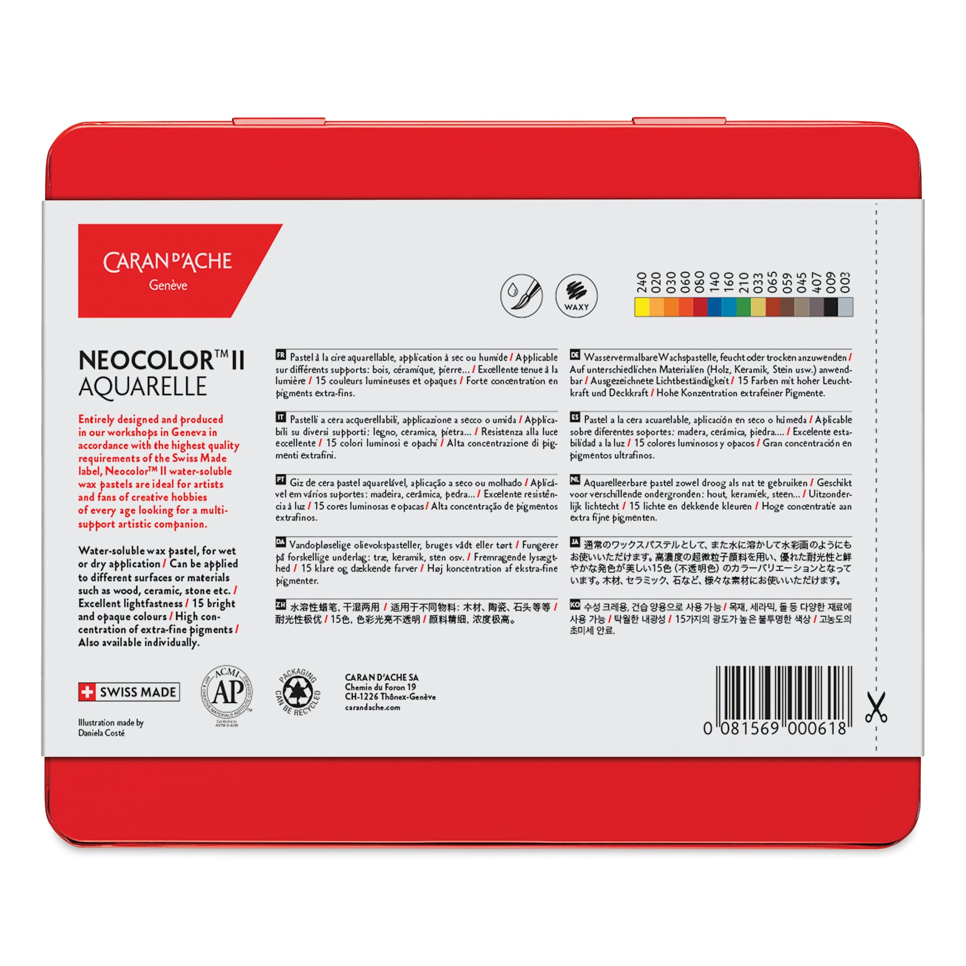 Caran d'Ache Neocolor II Aquarelle Artists' Pastels - Blick Exclusive! Set of 15, Urban Sketcher Essentials, back of packaging