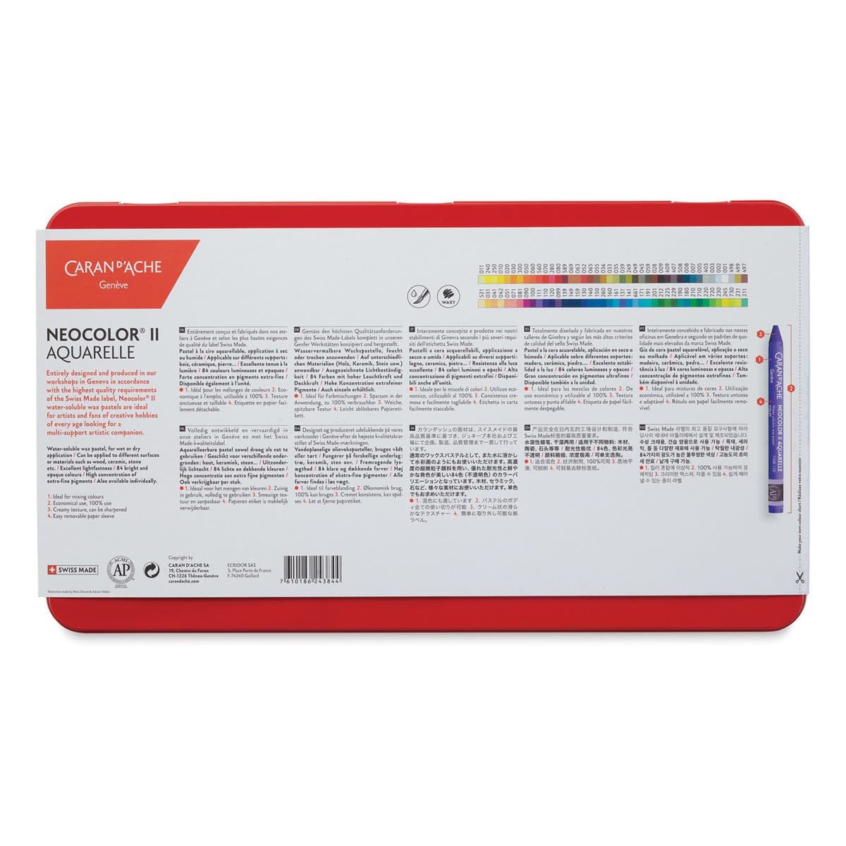 Caran d'Ache Neocolor II Aquarelle Artists' Pastels - Set of 84, Assorted Colors, back of packaging