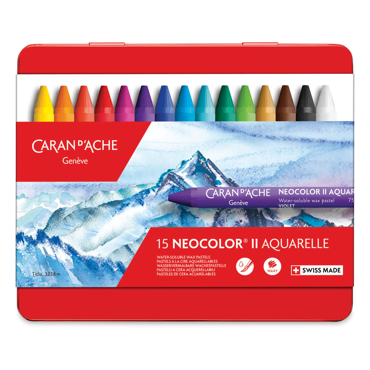 Caran d'Ache Neocolor II Aquarelle Artists' Pastels - Set of 15, Assorted Colors, front of packaging