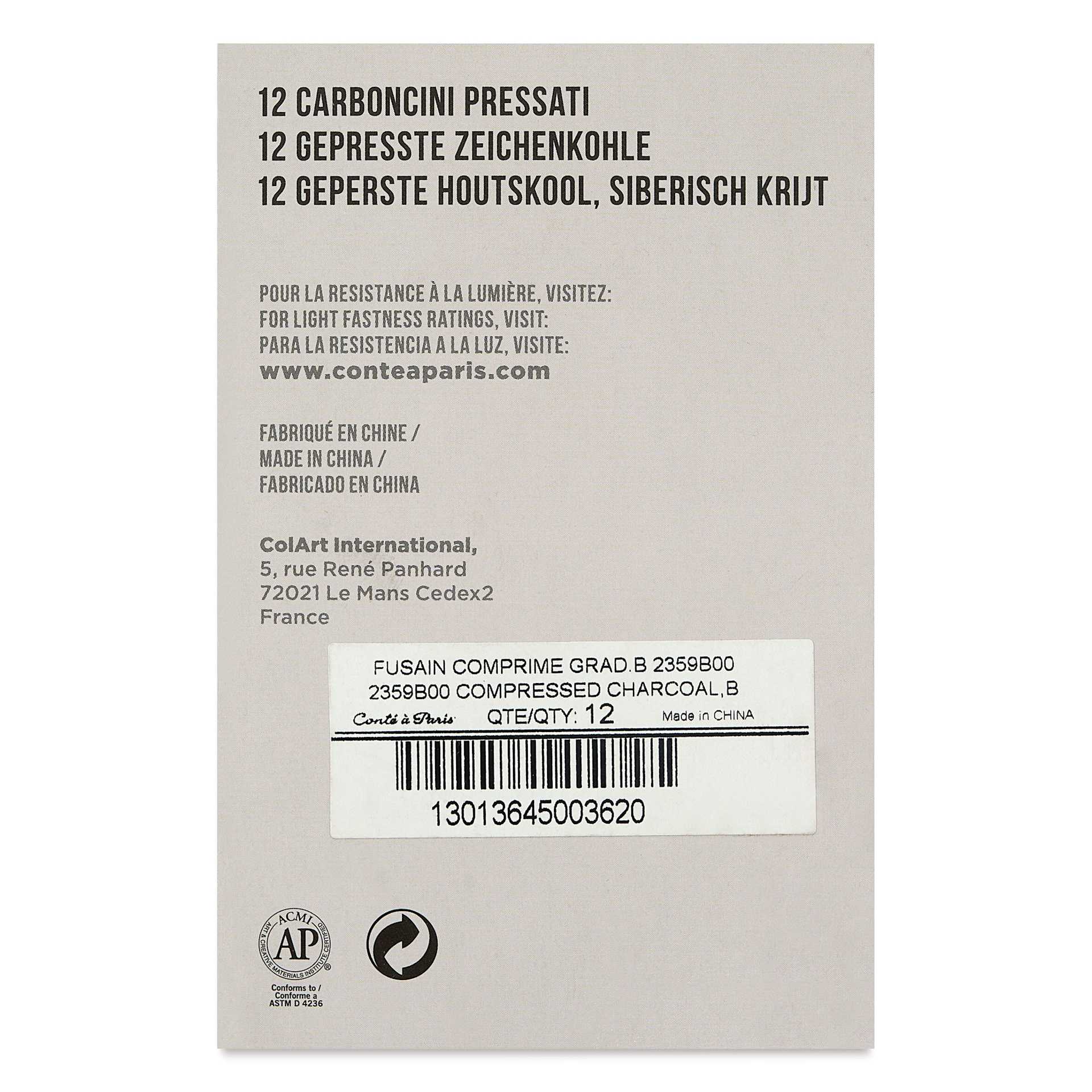 Conté à Paris Compressed Charcoal - B-Soft, Box of 12, back of packaging