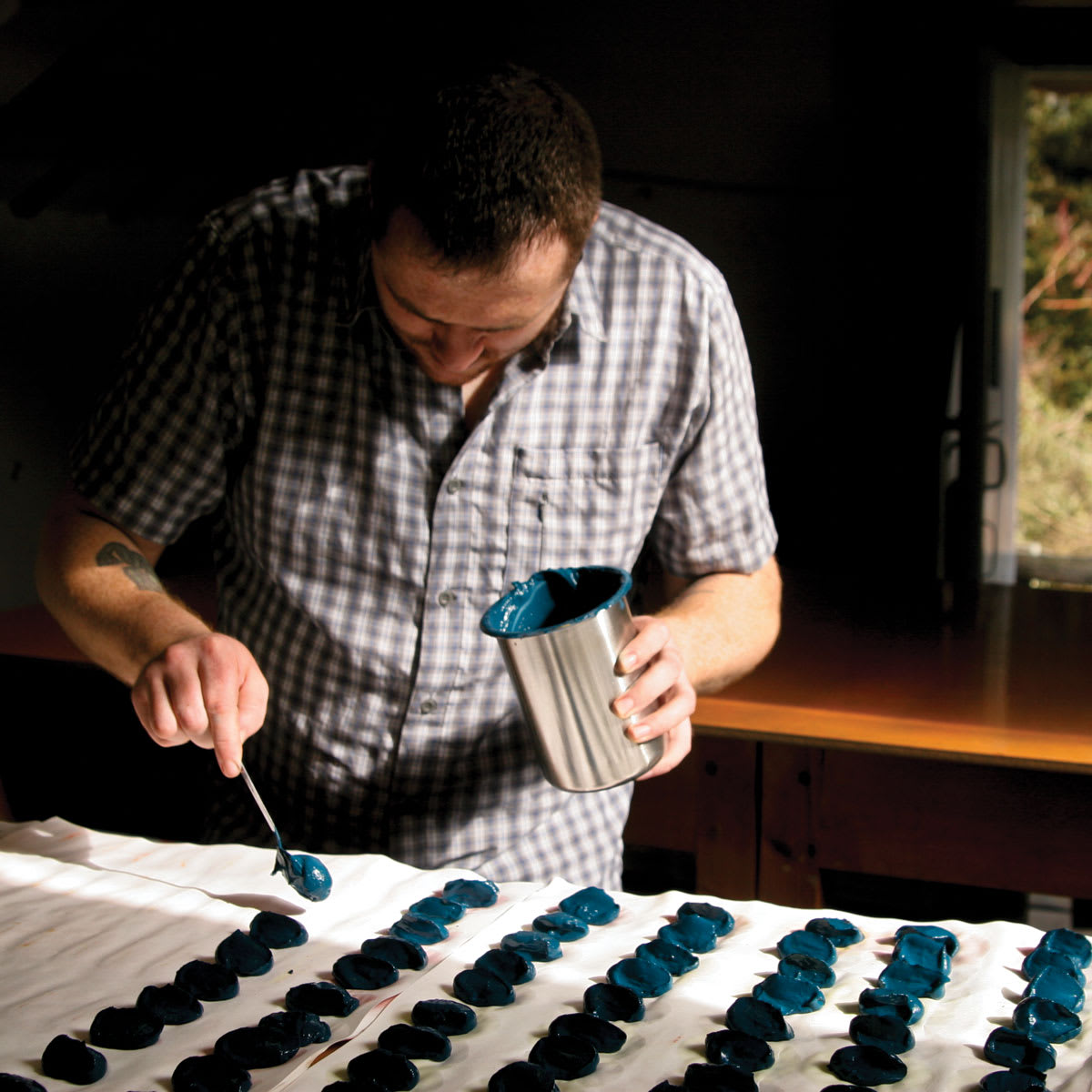 Dividing out the pastel paste to be hand rolled and dried to make pastels.
