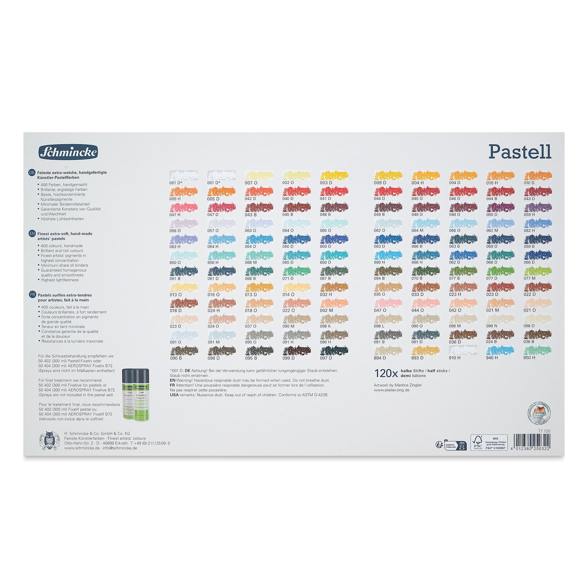 Schmincke Soft Pastels - Set of 120, Assorted Colors, Half Stick, back of packaging
