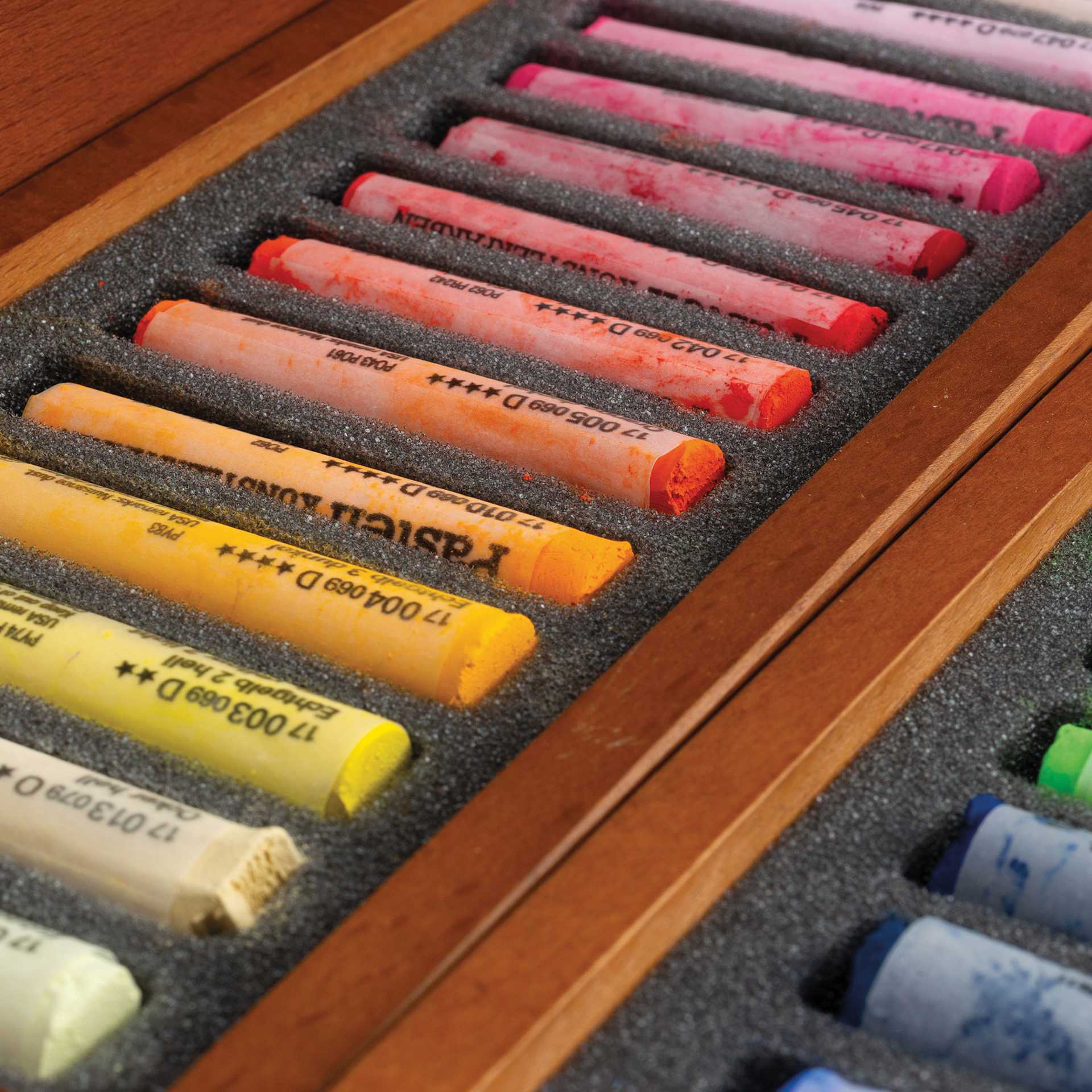 Schmincke Soft Pastels - Set of 48, Assorted Colors, 1930's Retro Edition, Wood Box, Full Stick, close up of pastels