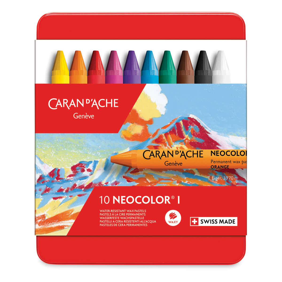 Caran d'Ache Neocolor I Wax Pastels - Front of package of Set of 10 Pastels
