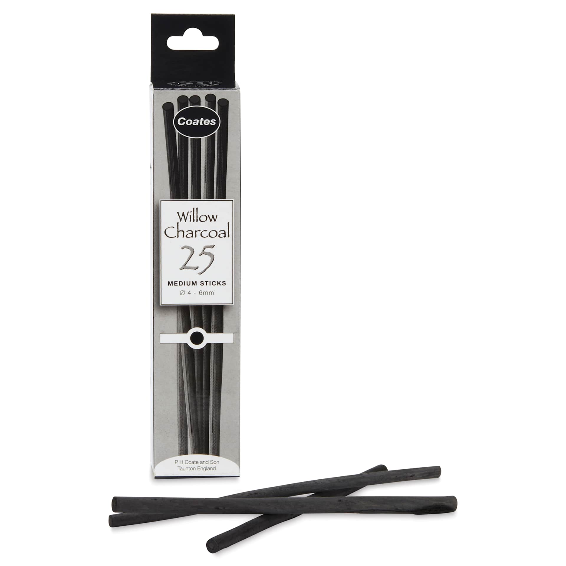 Coates Premium Artist's Willow Charcoal - Medium, Box of 25, charcoal with packaging