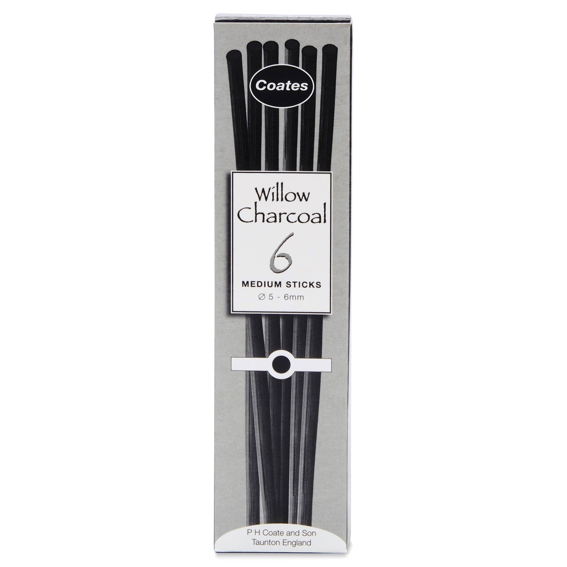 Coates Premium Artist's Willow Charcoal - Medium, Box of 6, in packaging