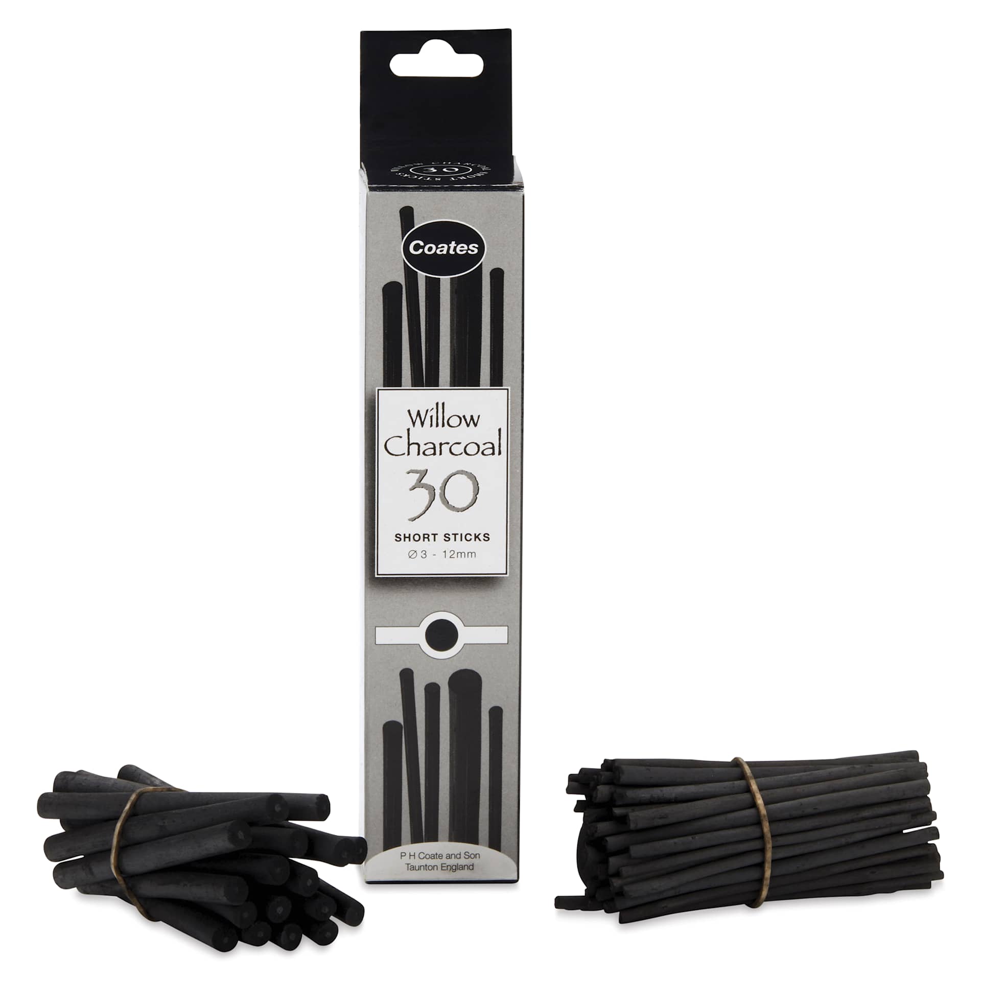 Coates Premium Artist's Willow Charcoal - Assorted, Box of 30, contents with packaging