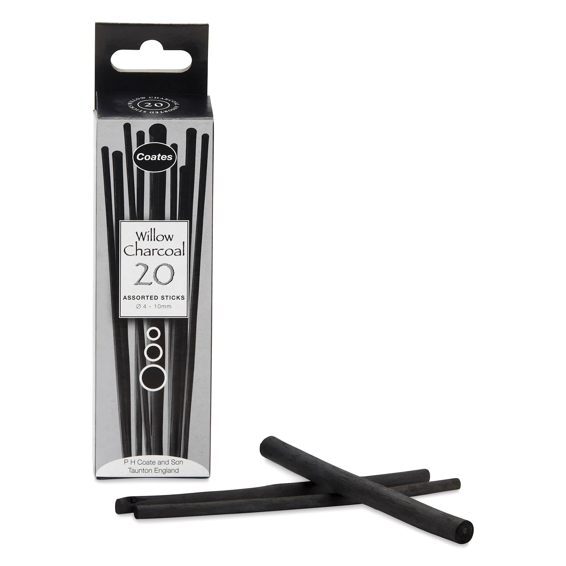 Coates Premium Artist's Willow Charcoal - Assorted, Box of 20, with packaging