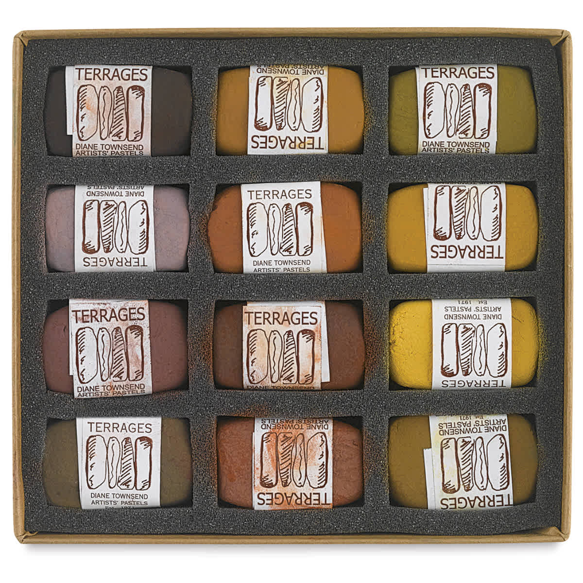 Townsend Terrages Pastel Set of 12 Earth Colors shown in cushioned open box