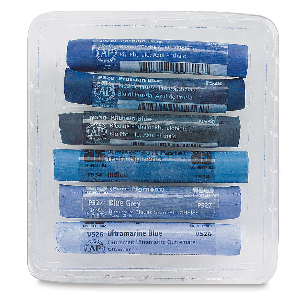 Art Spectrum Artists' Soft Pastels Sets - 6 various Blue pastels shown in storage tray
