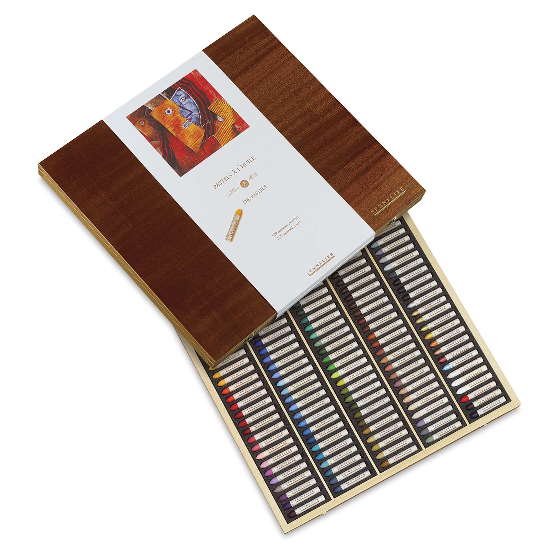 Sennelier Oil Pastel Set - Assorted Colors, Wood Box, Set of 125, open packaging