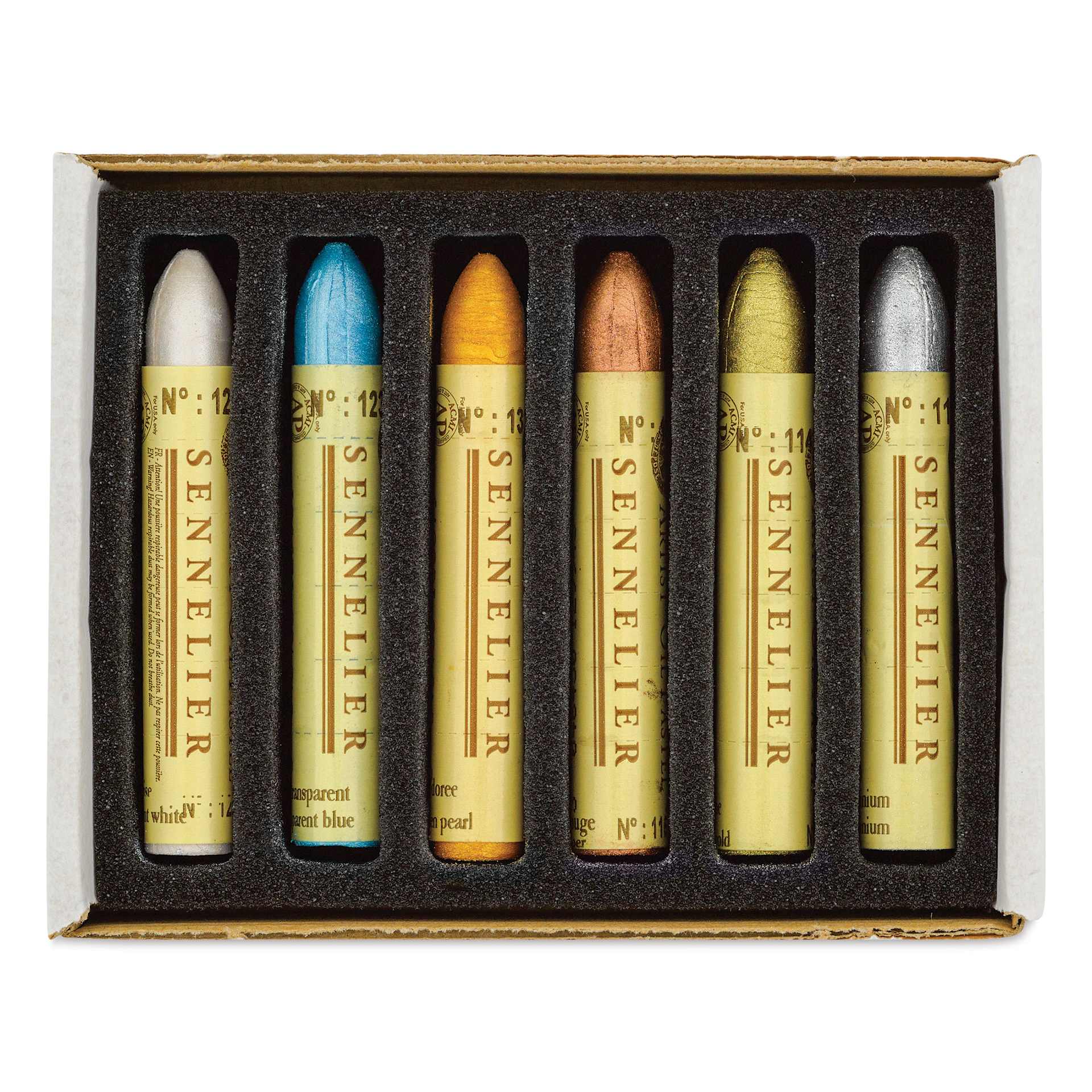 Sennelier Oil Pastels - Iridescence Colors, Set of 6 pastels inside of the packaging