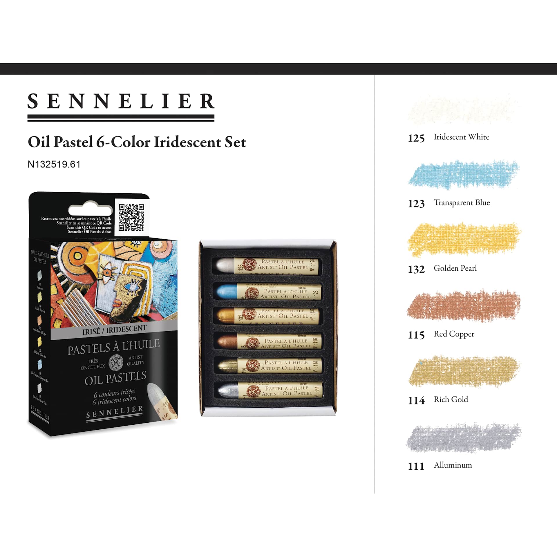 Sennelier Oil Pastels - Iridescence Colors, Set of 6 - packaging, contents, and color chart