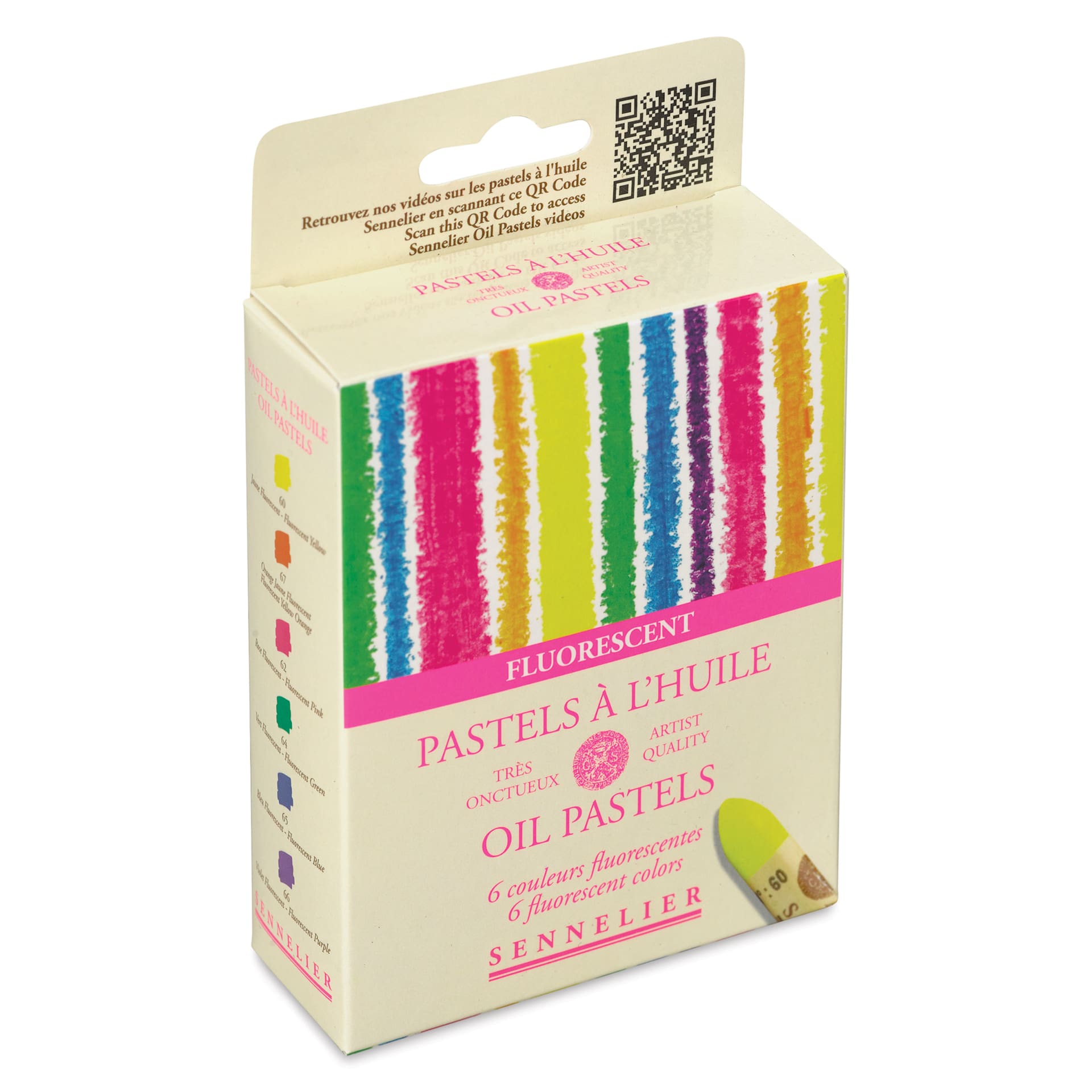 Sennelier Oil Pastels - Fluorescent Colors, Set of 6, side of the packaging shown