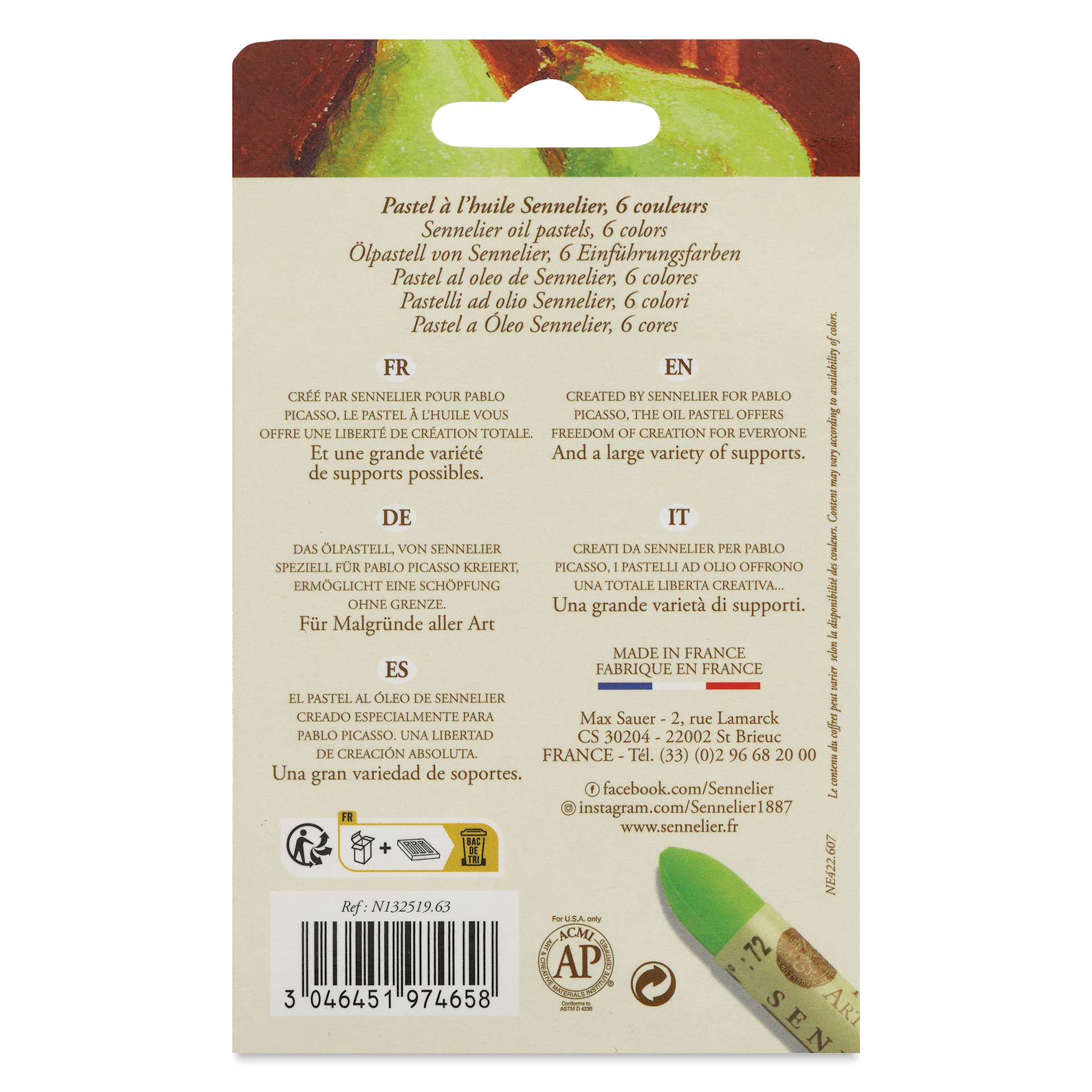 Sennelier Oil Pastels - Pears Duo, Set of 6, back of the packaging