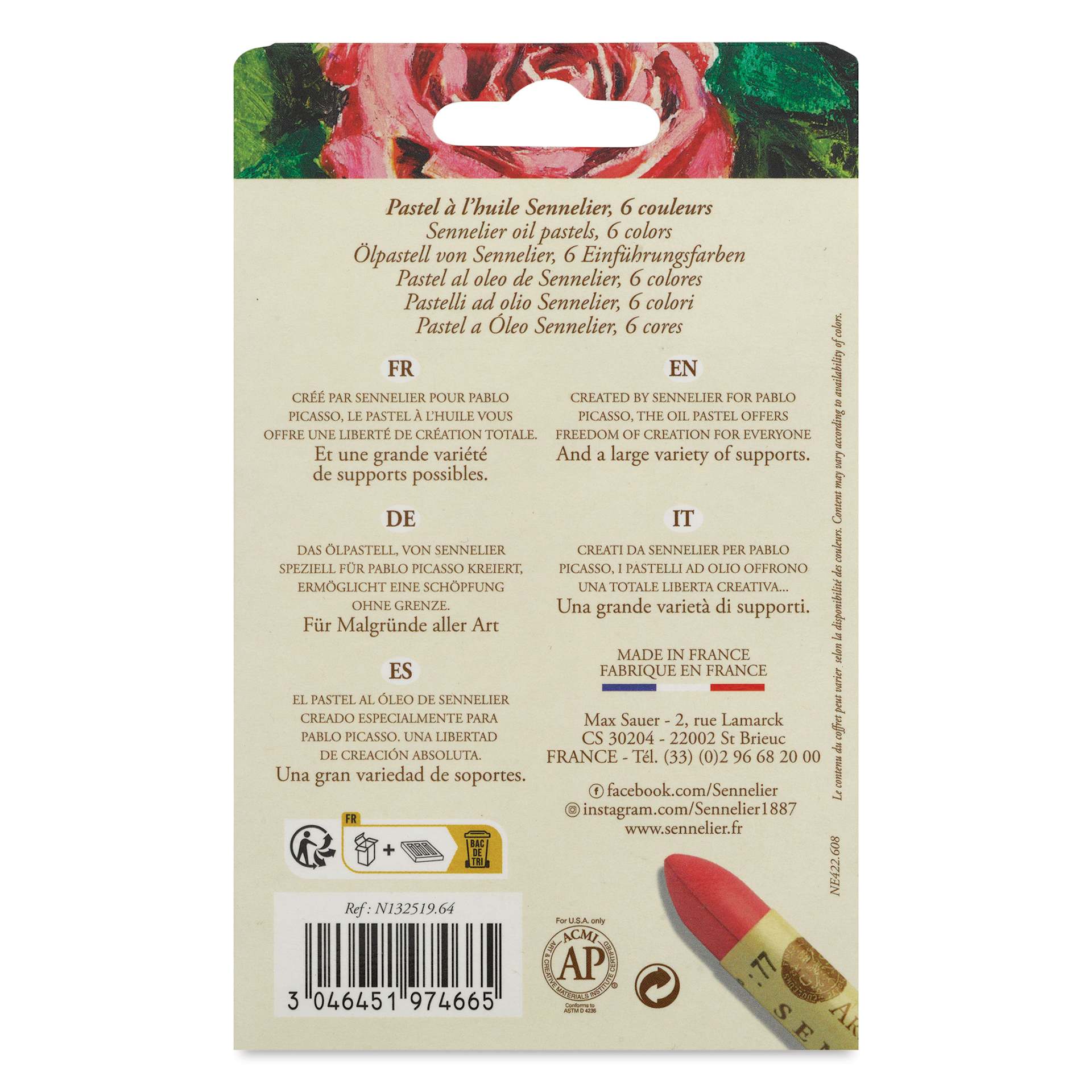 Sennelier Oil Pastels - Rose in Bloom, Set of 6, back of the packaging