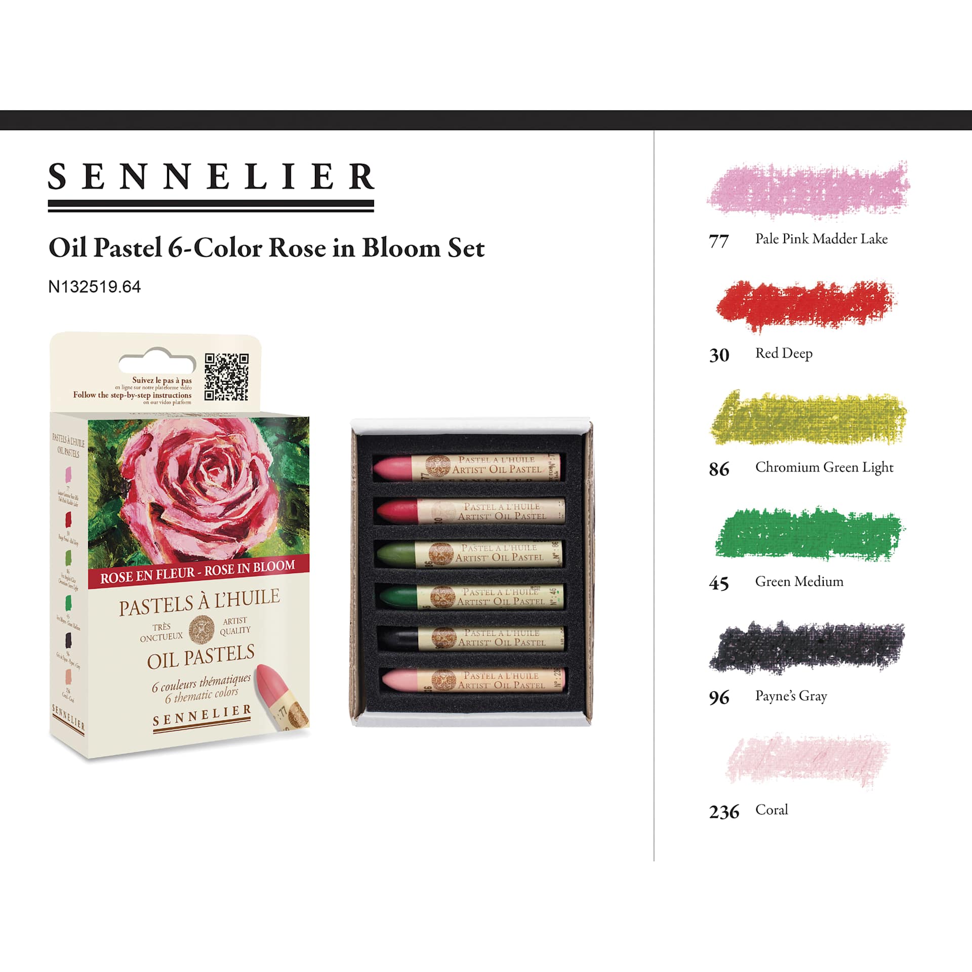 Sennelier Oil Pastels - Rose in Bloom, Set of 6 - packaging, contents, and color chart
