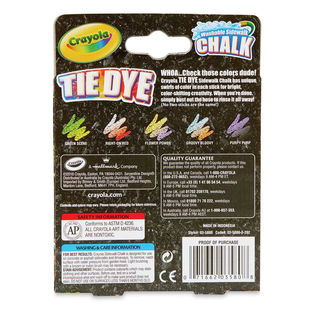 Crayola Washable Sidewalk Chalk - Tie Dye, Set of 5, back of the packaging