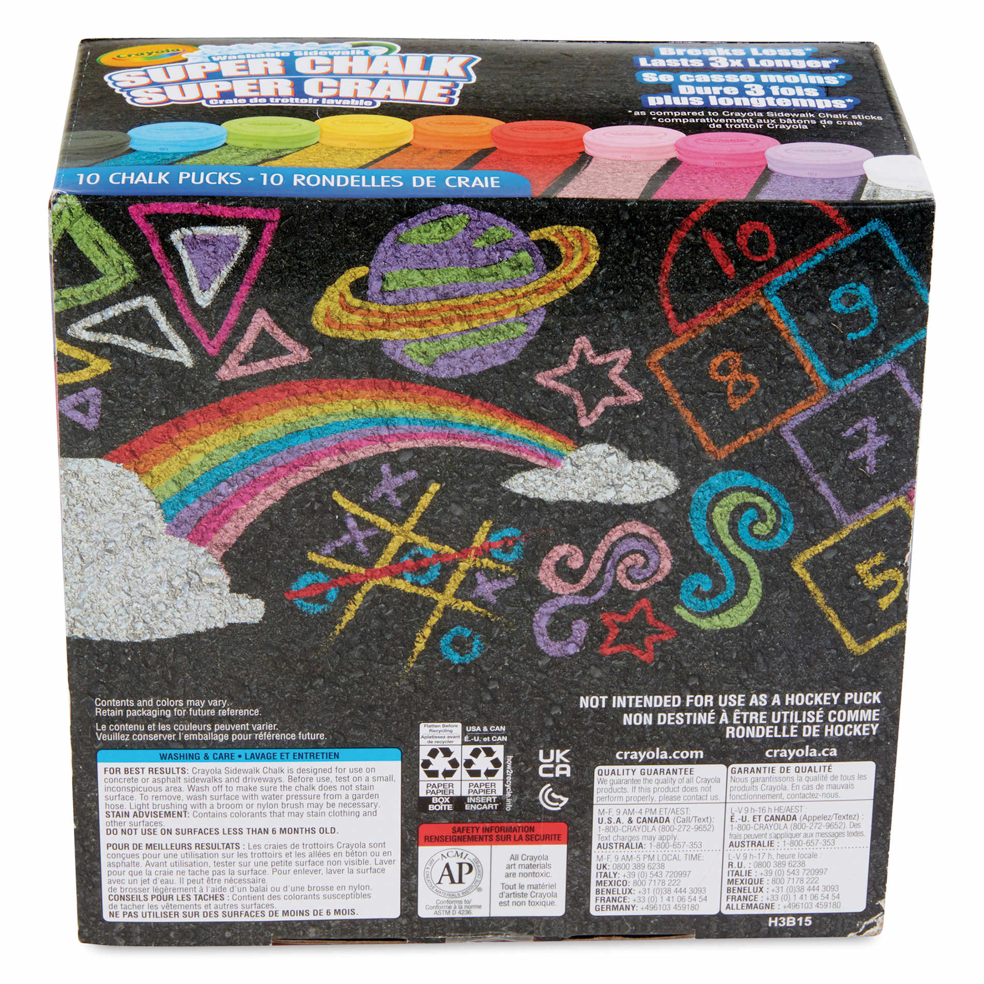 Crayola Washable Sidewalk Super Chalk - Puck Chalk, Set of 10, back of the packaging