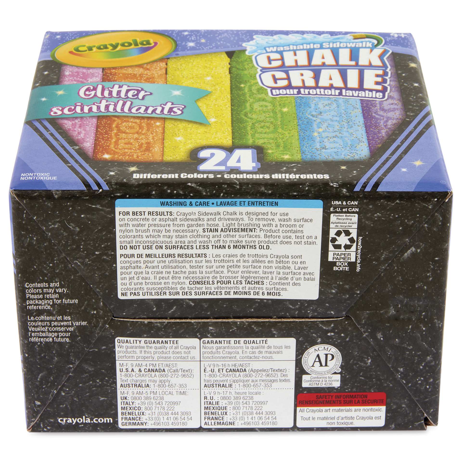 Crayola Washable Sidewalk Chalk - Glitter Colors, Set of 24, underneath the box