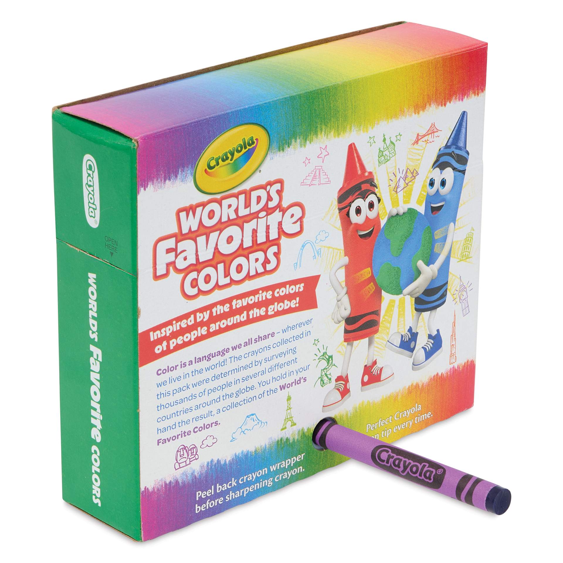 Crayola Crayons - World's Favorite Colors, Set of 64, back of packaging andcrayon being sharpened with included sharpener.