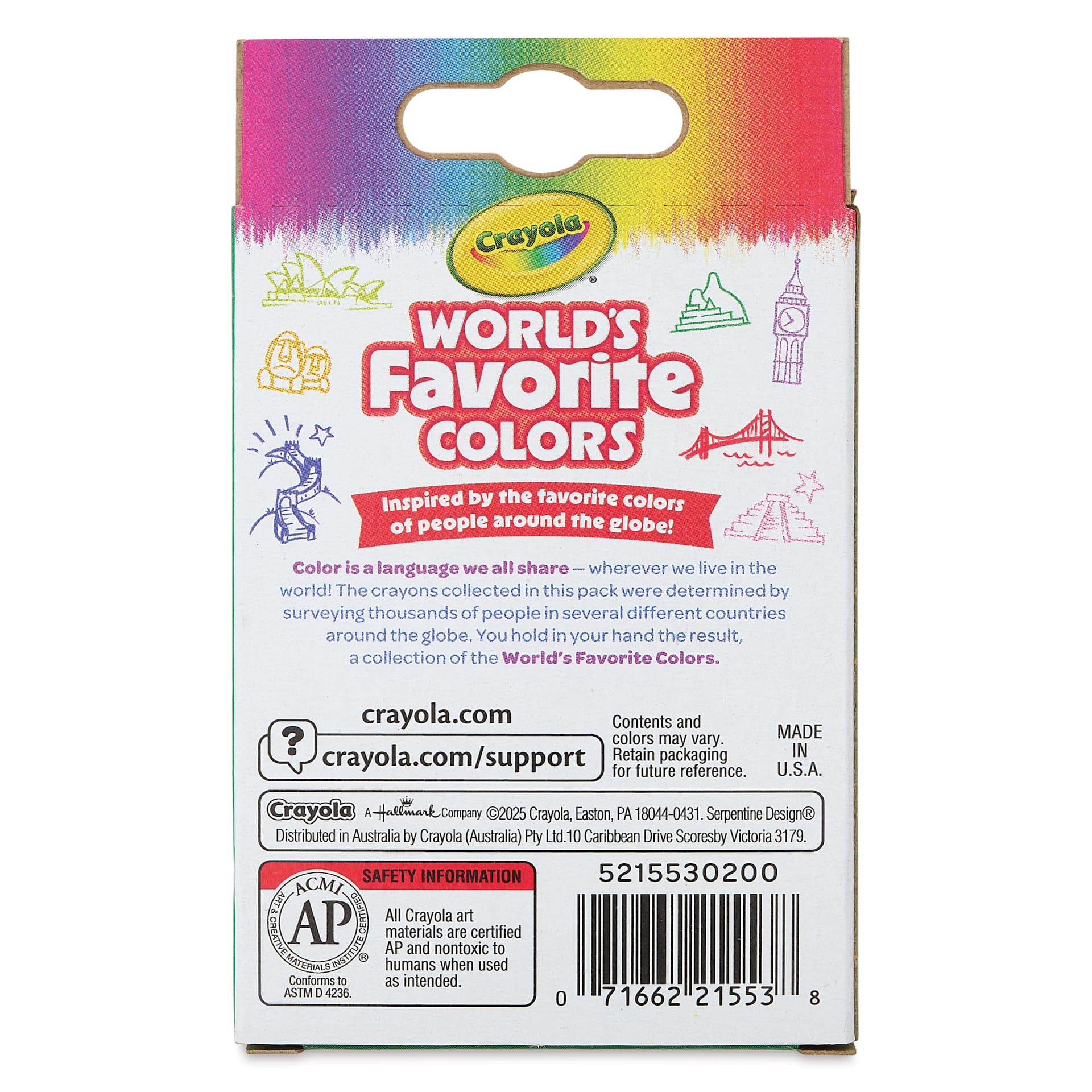 Crayola Crayons - World's Favorite Colors, Set of 8, back of packaging