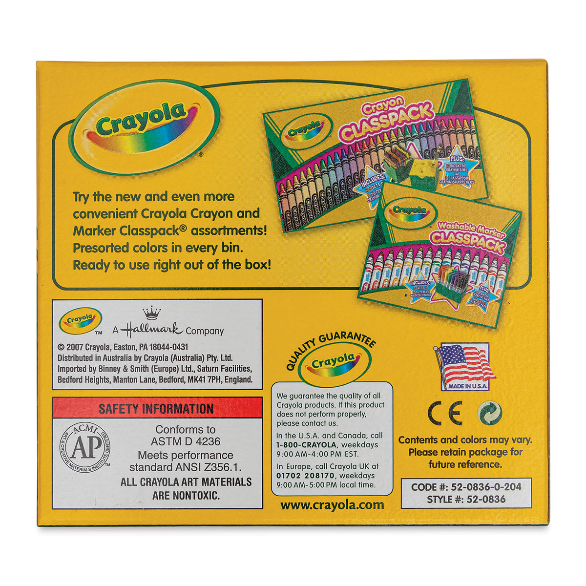 Crayola Crayons - Yellow, Box of 12, back of the packaging