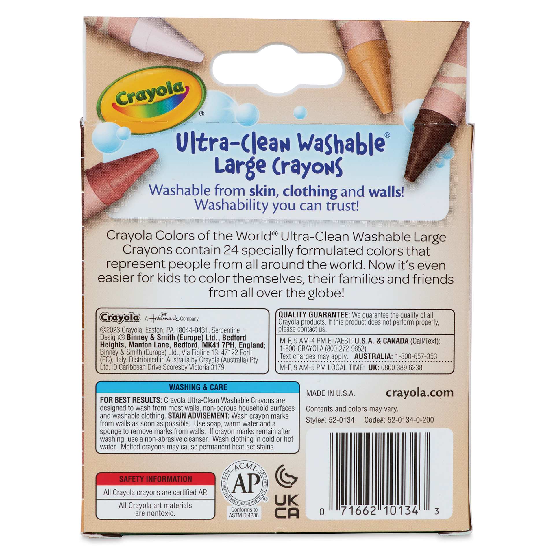 Crayola Ultra-Clean Washable Crayons - Colors of the World, Large, Set of 24, back of the packaging