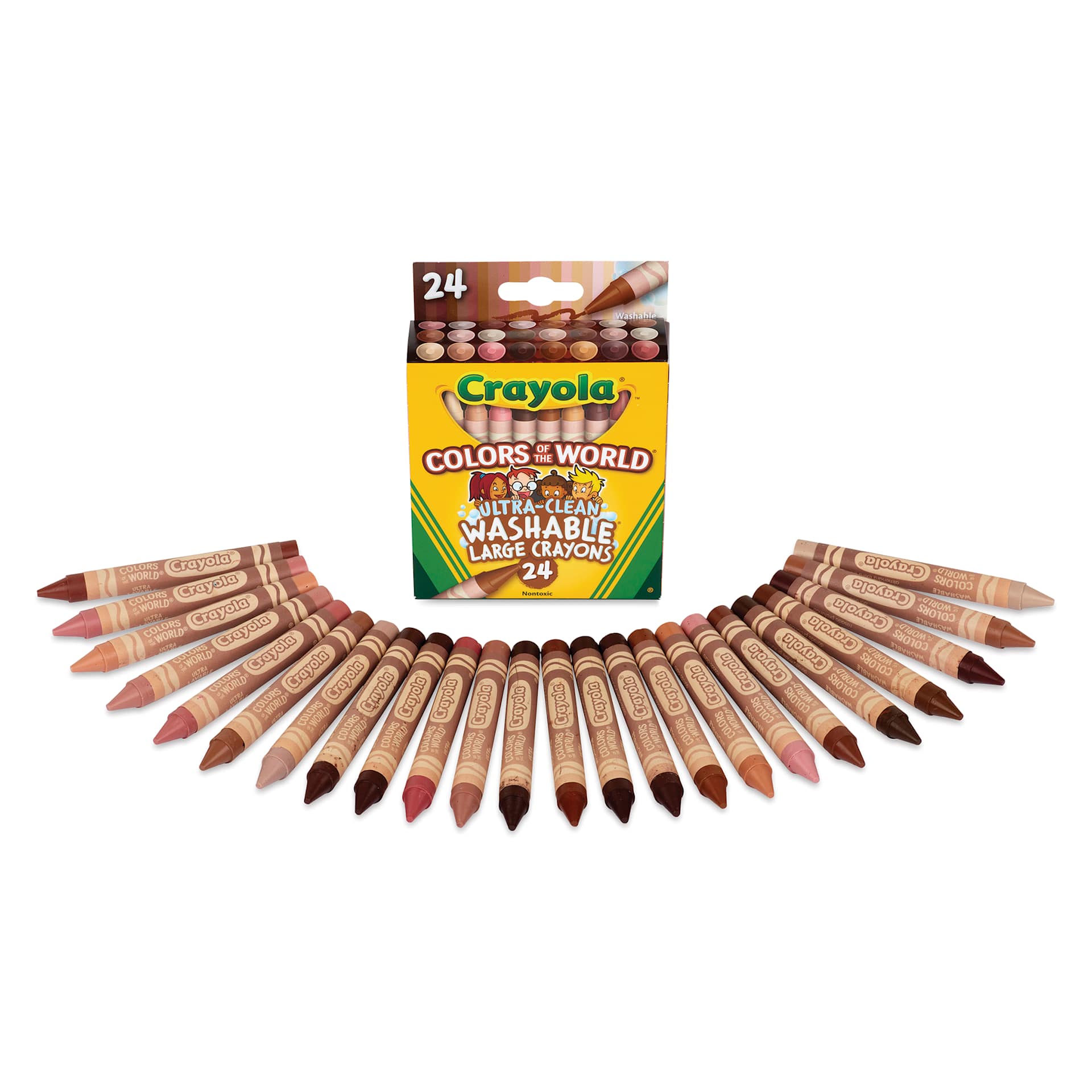 Crayola Ultra-Clean Washable Crayons - Colors of the World, Large, Set of 24, contents laid out