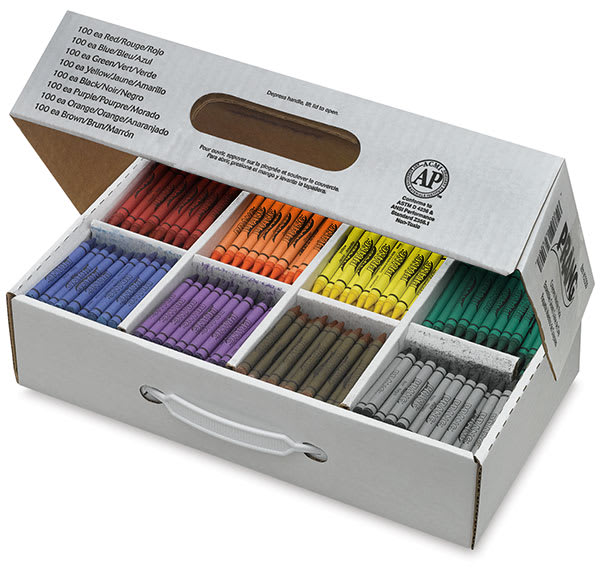 Prang Crayons - Pkg of 800, lid opened showing 8 colors of 100 crayons