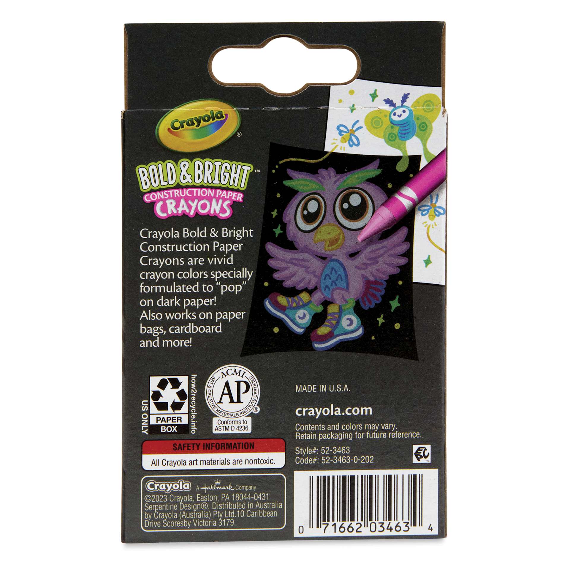 Crayola Construction Paper Crayons - Bold and Bright Colors, Set of 24, back of packaging