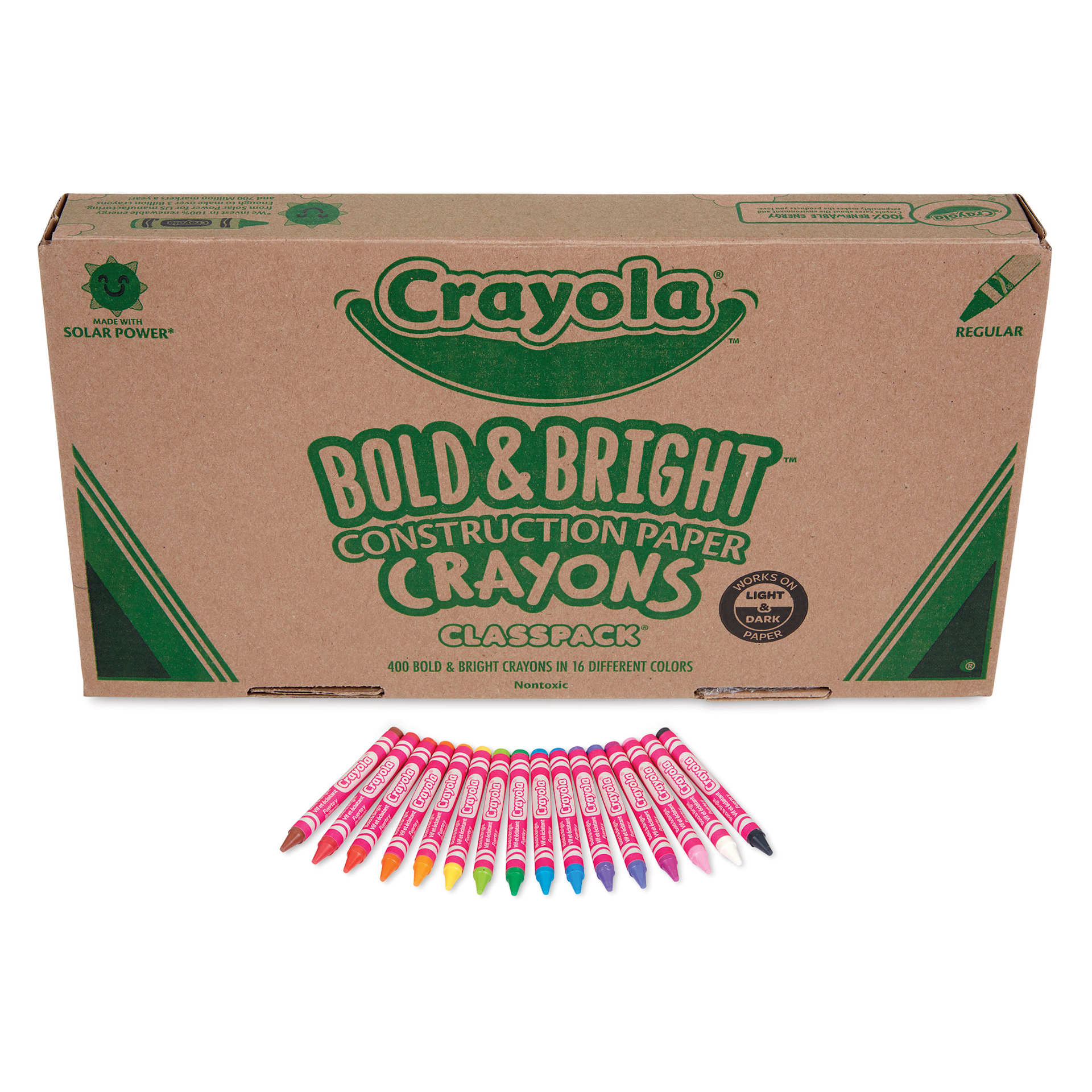 Crayola Construction Paper Crayon Packs, front of the pack with crayons fanned out