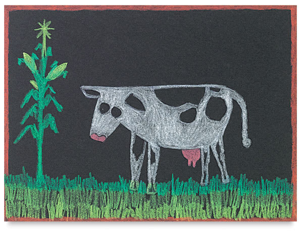 Crayola Construction Paper Crayon, View of a cow and corn stalk drawn on construction paper w/ the Crayola Construction Paper Crayons