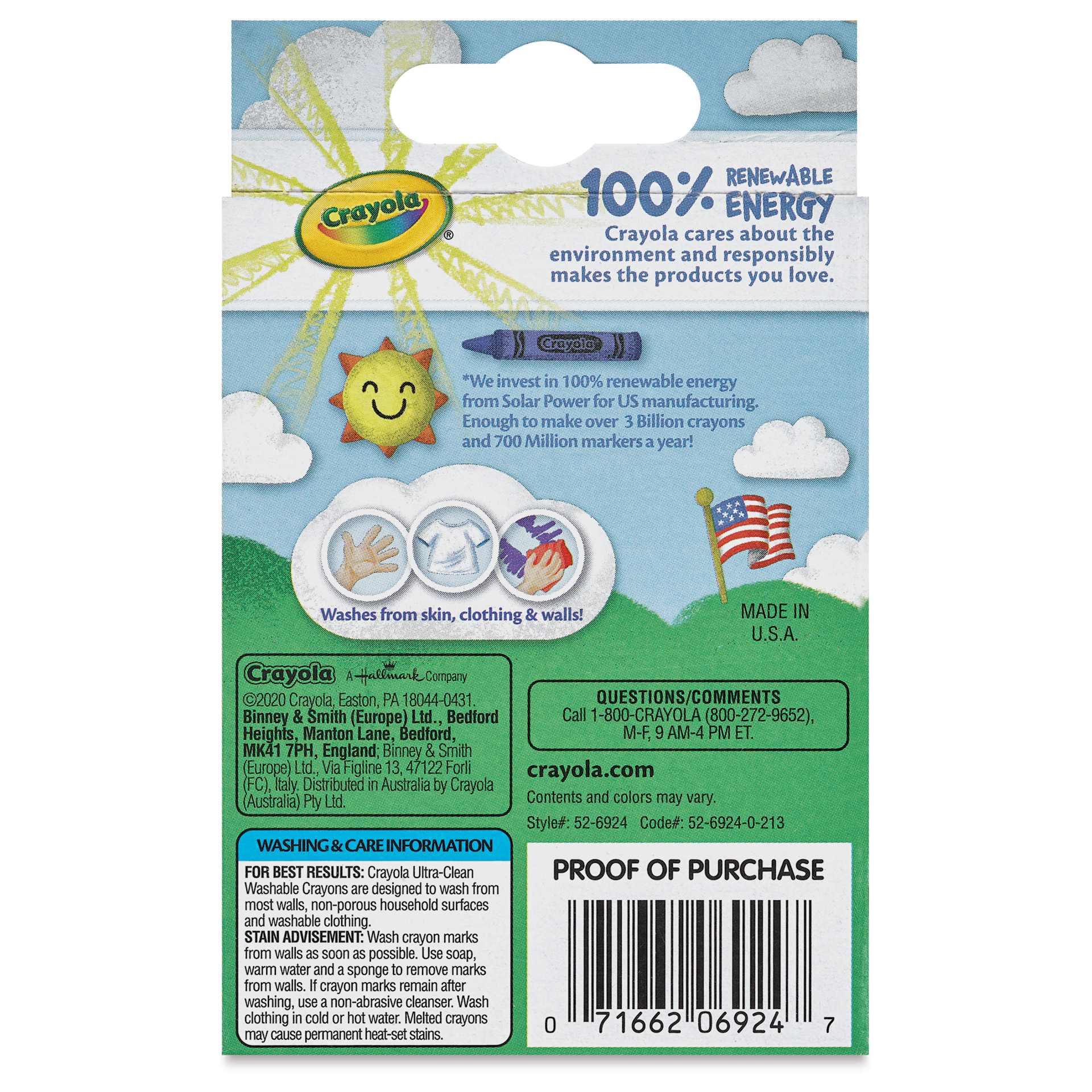 Crayola Ultra-Clean Washable Crayons - Regular, Set of 24, back of the packaging