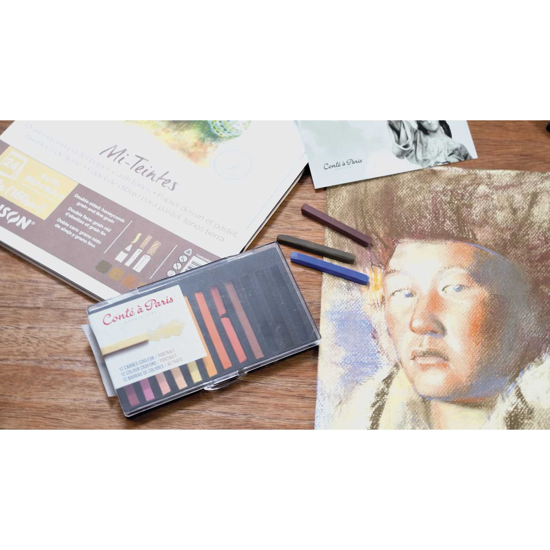Conté à Paris Colour Pastel Carrés - Portrait Colors, Set of 12, set and art piece on desk
