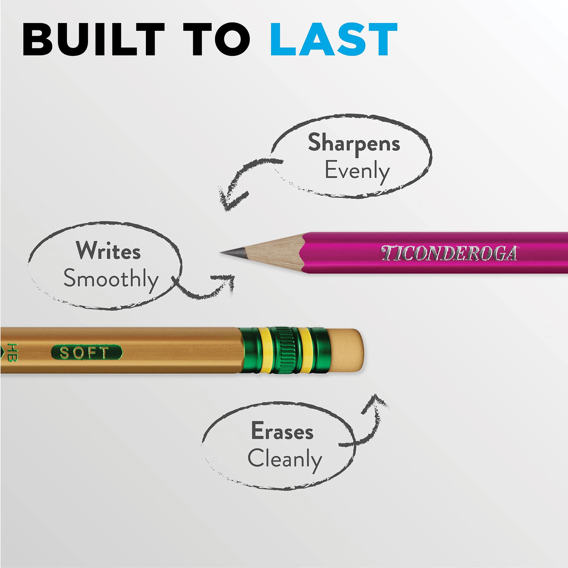 Built to last. Sharpens evenly. Writes smoothly. Erases Cleanly.
