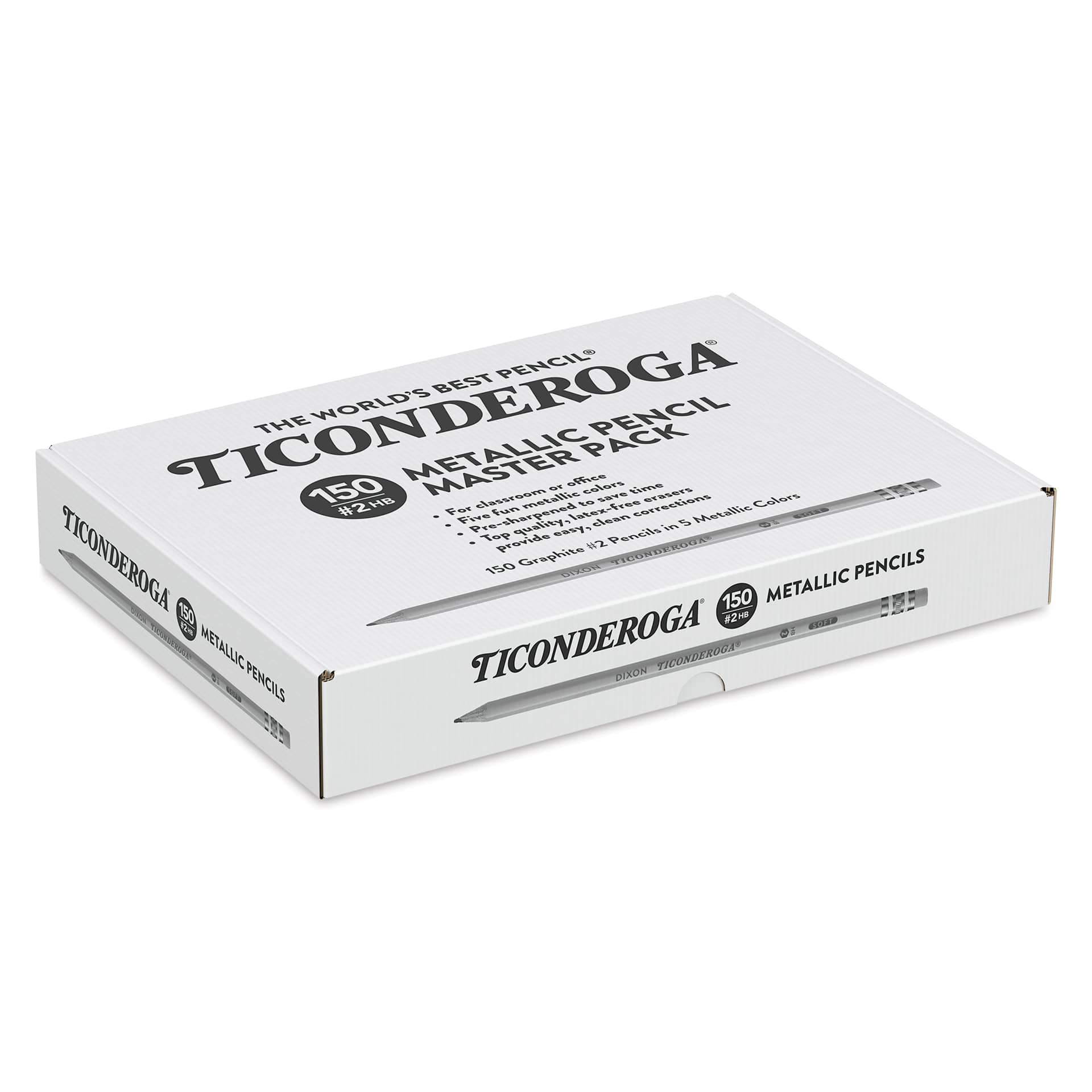 Dixon Ticonderoga Pencils - Box of 150, Metallic, Pre-Sharpened, angled view