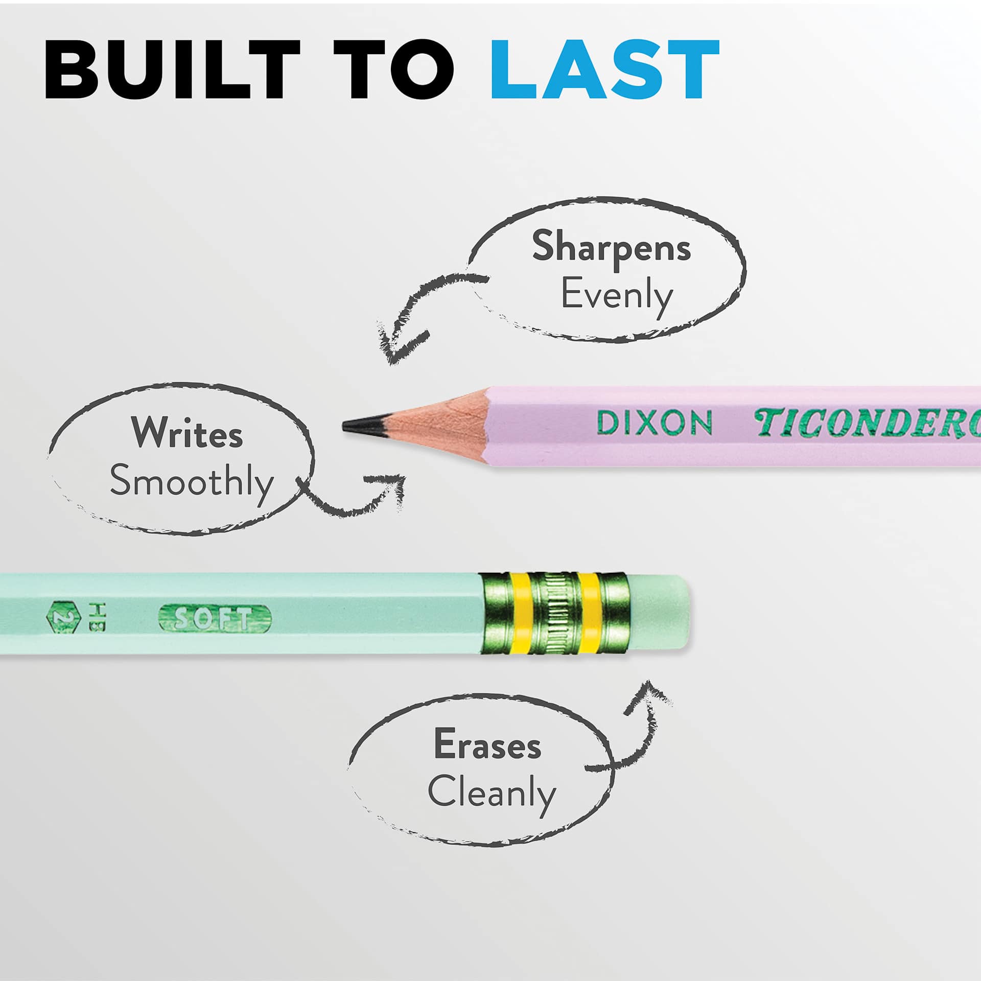 Built to last. Sharpens evenly. Writes smoothly. Erases Cleanly.