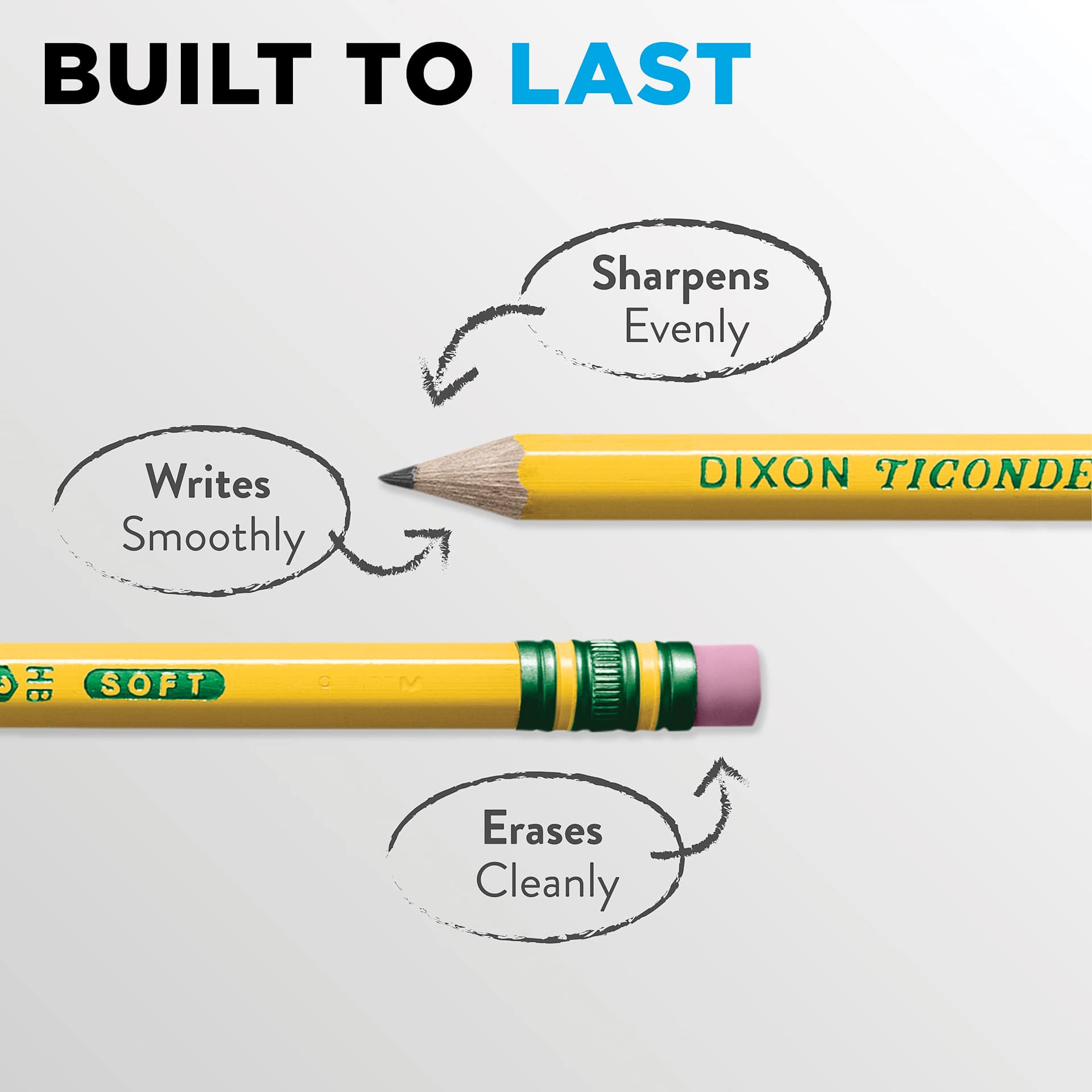 Built to last. Sharpens evenly. Writes smoothly. Erases Cleanly.