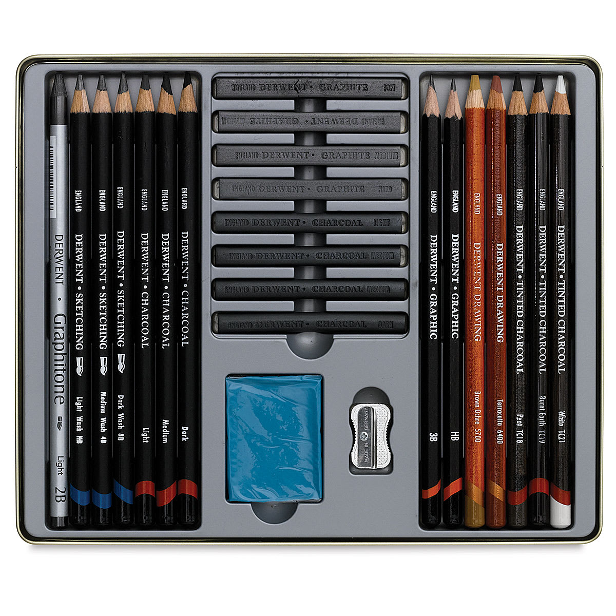 Derwent Sketching Collection - Components of Set of 24 shown in storage tray
