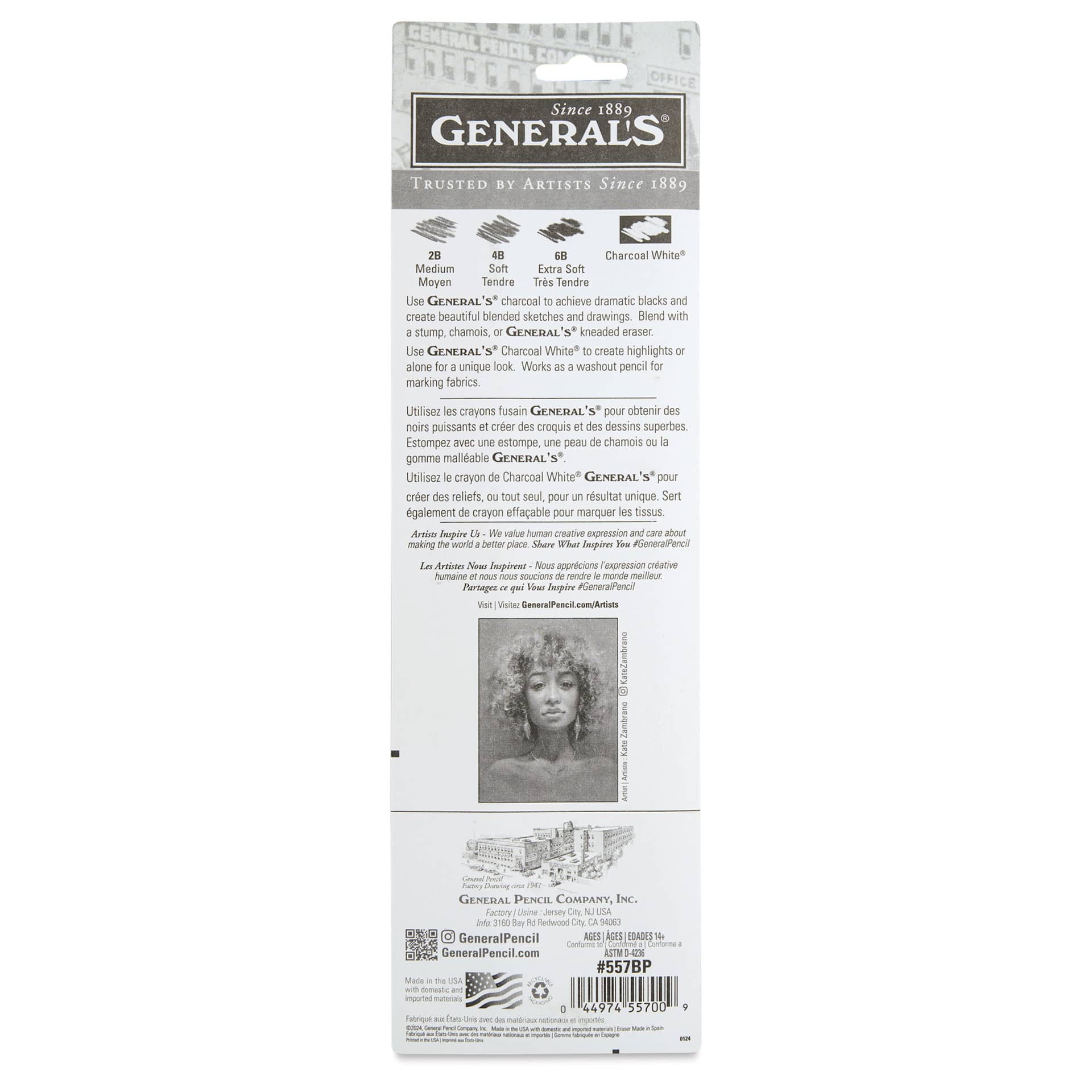 General's Charcoal Pencils - Kit of 5, back ofthe packaging