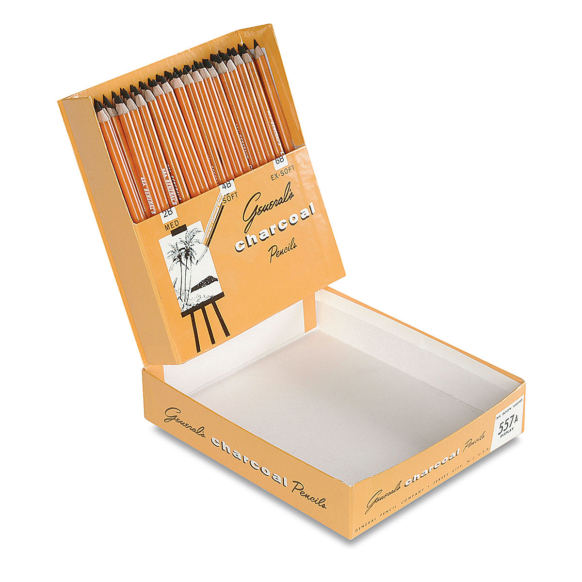 General's Charcoal Pencils - Classroom Assortment, Set of 72, front corner angle of open box.