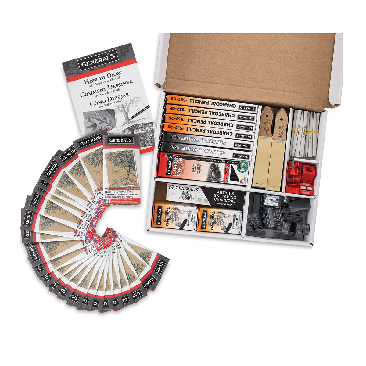General’s Charcoal Classroom Art Pack, open box of six tool compartments, guides in front.