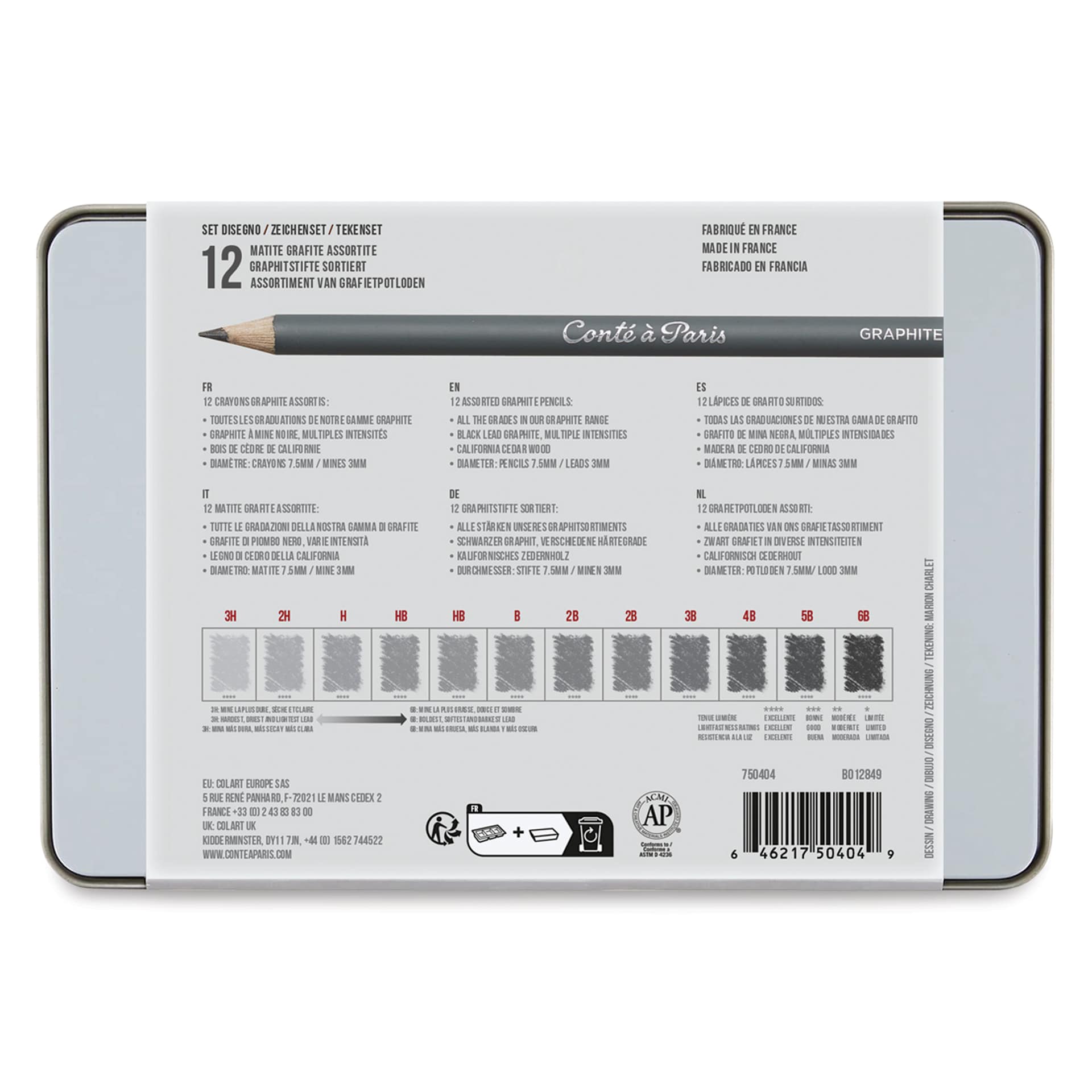 Conté à Paris Sketching Pencils - Graphite, Set of 12, back of packaging