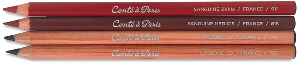 Conté à Paris Sketching Pencils - 2 shades each of Carbone and Sanguine pencils shown horizontally Conté à Paris Sketching Pencils - 2 shades each of Carbone and Sanguine pencils shown horizontally