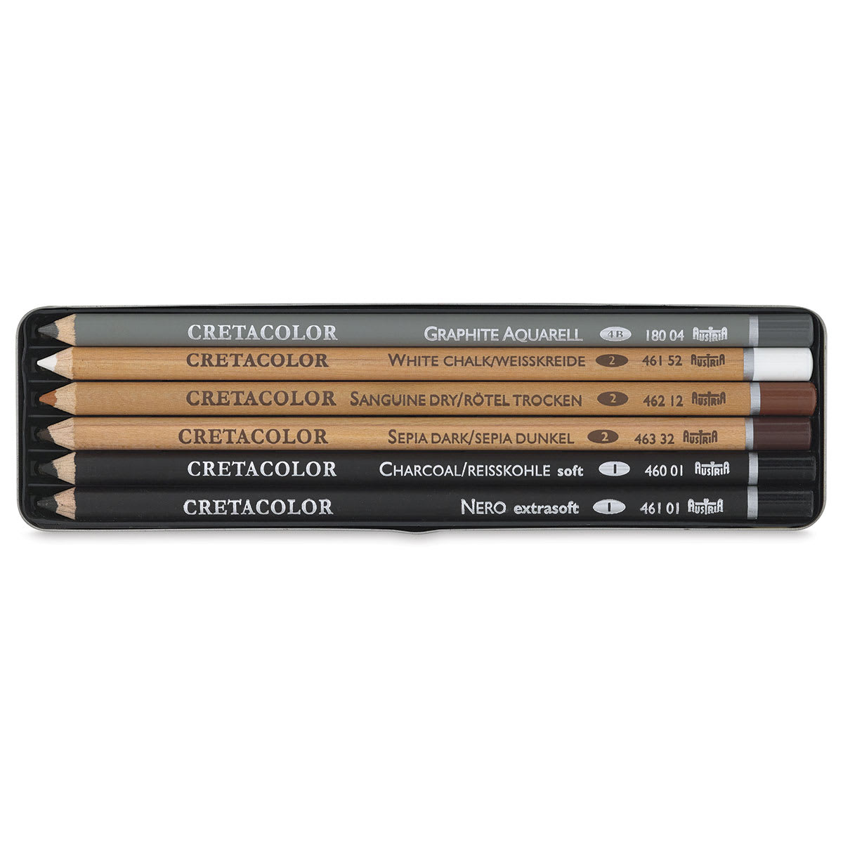 Cretacolor Basic Drawing Sets - Components of Set of 6 shown open in storage tray