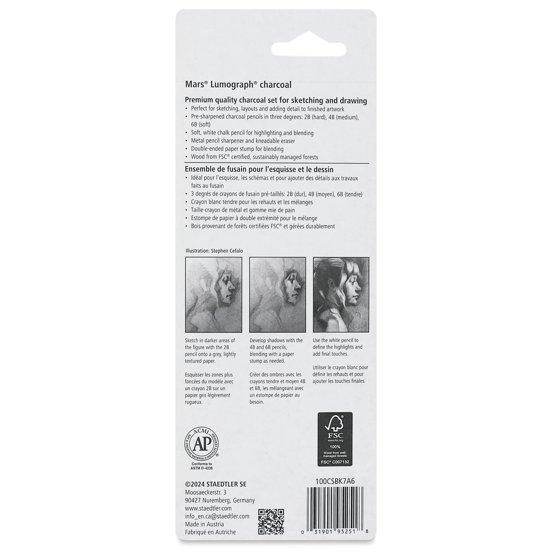Staedtler Mars Lumograph Charcoal Pencils - Set of 7, back of packaging