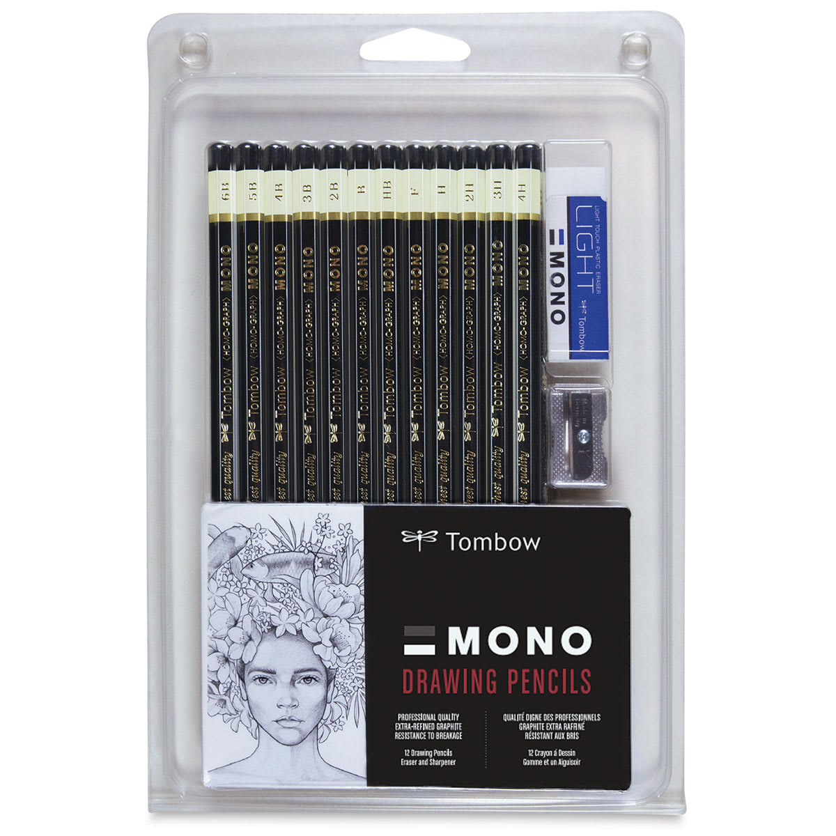 Tombow Mono Drawing Pencils -Front of package of Set of 12 Asst. Pencils with Eraser and Sharpener