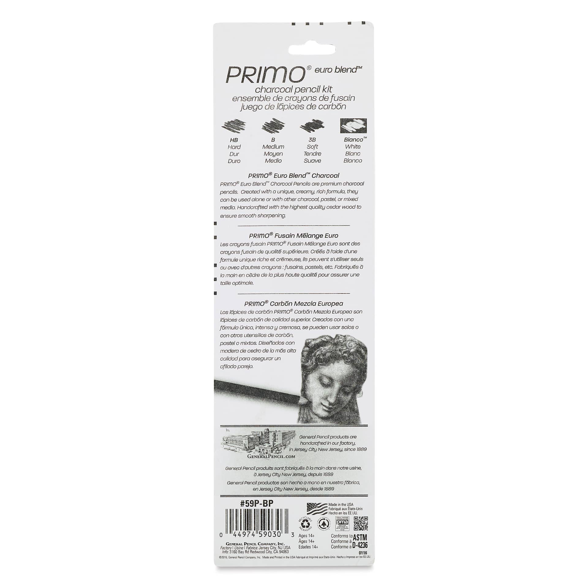 General's Primo Euro Blend Charcoal - Pencils Set, front of the packaging, back of the packaging
