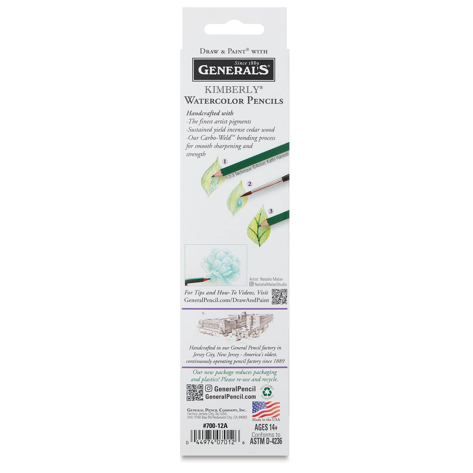 General's Kimberly Watercolor Pencil Set - Assorted Colors, Set of 12 (back of package)